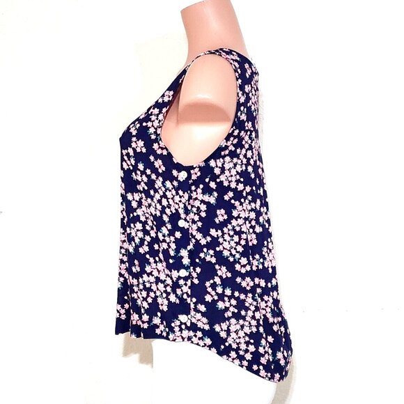 Draper James RSVP Silky Side Buttons Top Floral Sleeveless Navy Pink - Picture 3 of 8